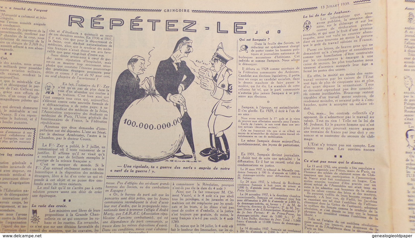 GRINGOIRE -13 JUILLET 1939-N° 557-JOURNAL WW2 PRESSE HEBDO-PARIS-BERAUD-TARDIEU-STALINE-HITLER-URSS- AVIATION - Französisch