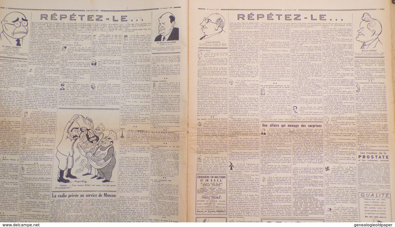 GRINGOIRE -20 JUILLET 1939-N° 558-JOURNAL WW2 PRESSE HEBDO-PARIS-BERAUD-TARDIEU-STALINE-HITLER-THOREZ-MAGINOT - Frans