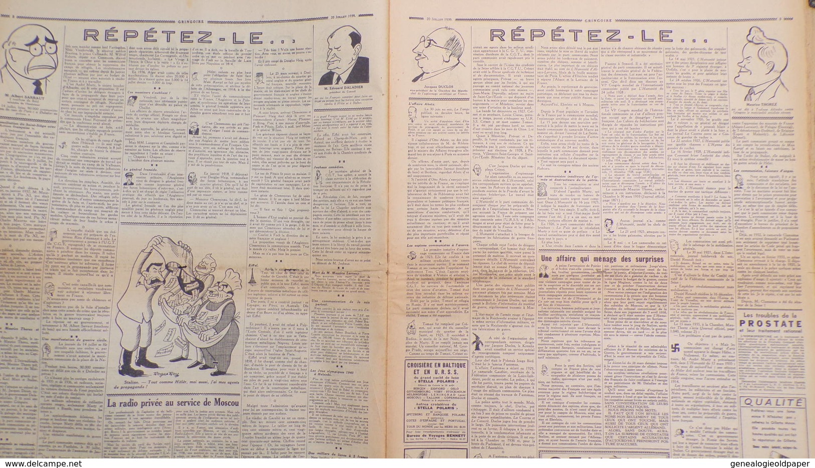 GRINGOIRE -20 JUILLET 1939-N° 558-JOURNAL WW2 PRESSE HEBDO-PARIS-BERAUD-TARDIEU-STALINE-HITLER-THOREZ-MAGINOT - Français