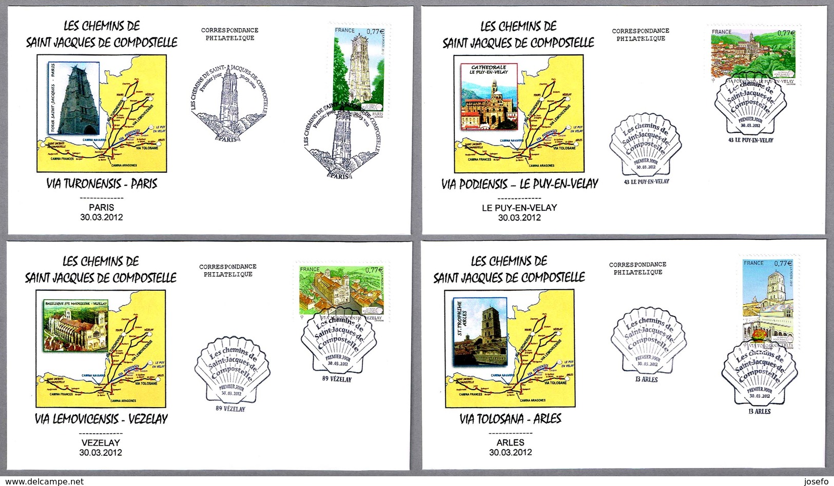 CAMINO DE SANTIAGO EN FRANCIA - Le Chemins De S.Jacques. Concha - Shell. Set 16 SPD/FDC 2012, 2013, 2014 Y 2015 - Cristianismo