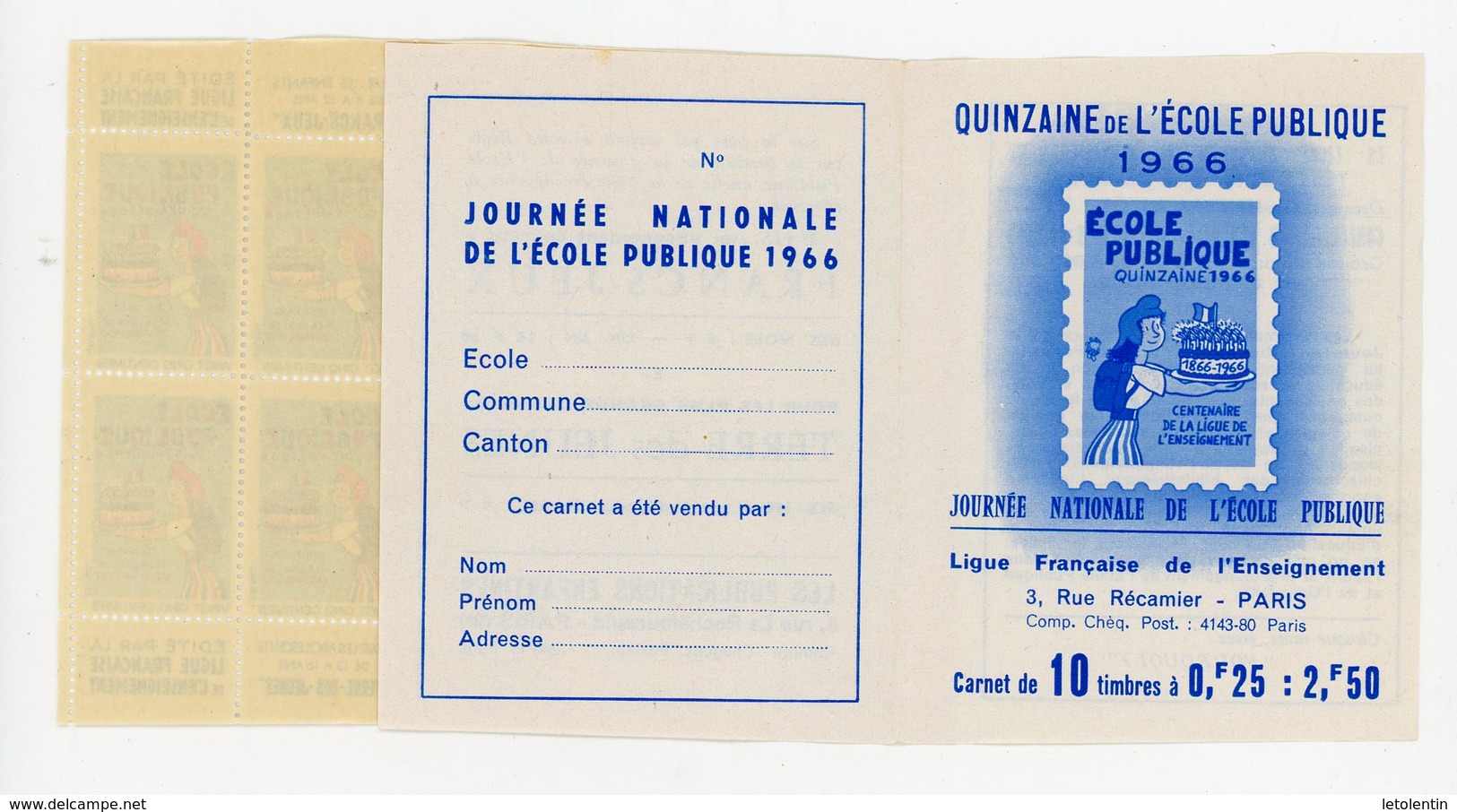 CARNET DE 10 - QUINZAINE DE L'ECOLE PUBLIQUE 1966 ** - Autres & Non Classés