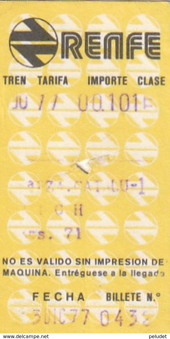 TICKET BILLETE BILLET - TREN TRAIN - RENFE 1977 - Europa