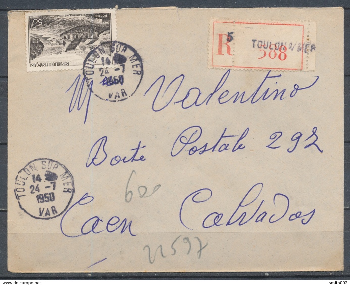 FRANCE - 24.7.1950, Reco Cover From TOULON SUR MER (Var)  To CAEN (Calvados) - 1921-1960: Modern Period