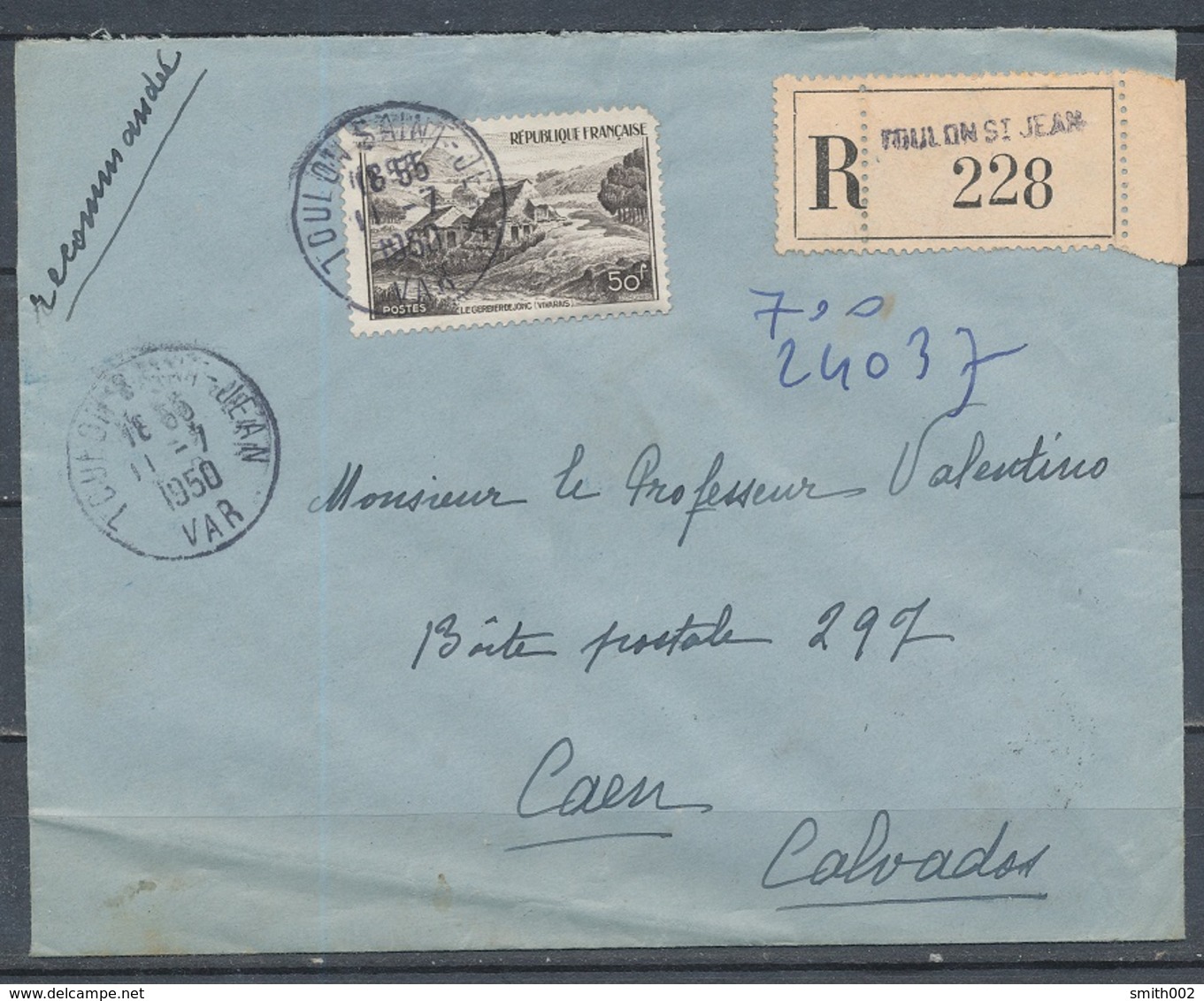 FRANCE - 11.7.1950, Reco Cover From TOULON SAINT JEAN (Var)  To CAEN (Calvados) - 1921-1960: Modern Period