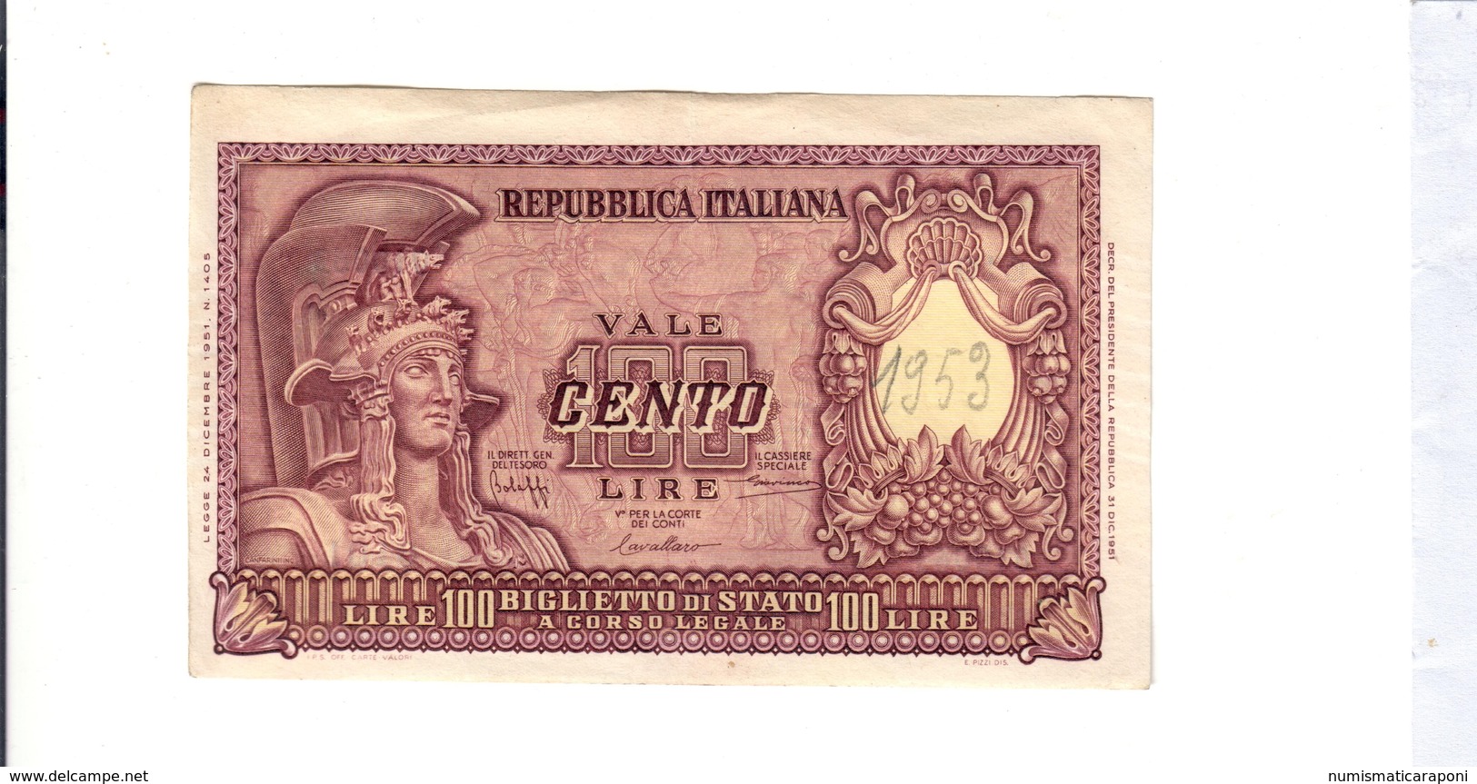 100 Lire 1951 Italia Elmata Scritta 1953 Al D. Nell'ovale  LOTTO 2692 - 100 Lire