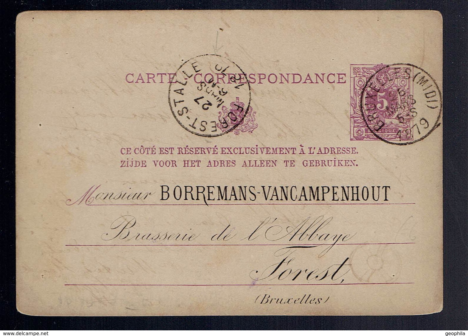 CP 10 Repiquage Borremans-Campenhout Brasserie De L'Abbaye Forest De Bruxelles ( Midi ) 26 Mars 1879 => Forest-Stalle - Briefkaarten 1871-1909