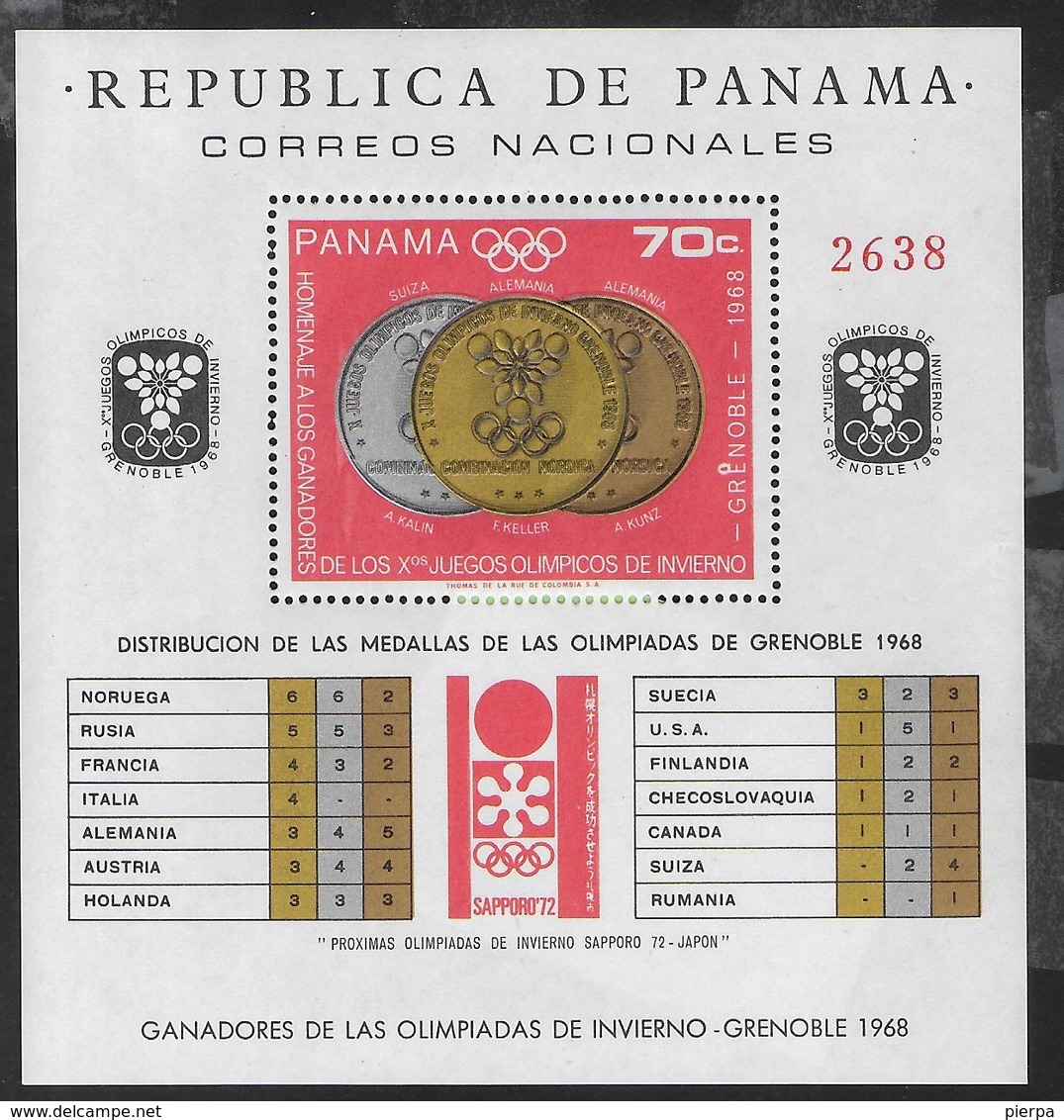 PANAMA - 1968 - GIOCHI OLIMPICI INVERNALI '68 - MEDAGLIERE - FOGLIETTO NUOVO ** (MICHEL BL 92) - Inverno1968: Grenoble