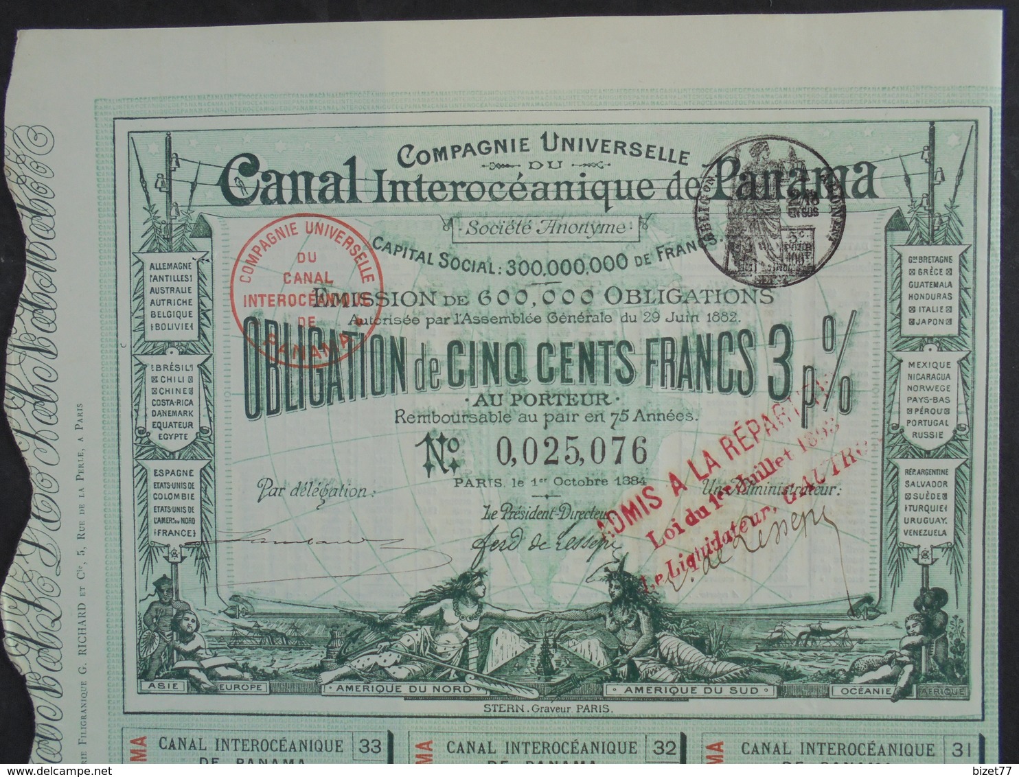 PANAMA 1882 - CANAL INTEROCEANIQUE - OBLIGATION DE 500 FRS 3% - COULEUR VERTE - Altri & Non Classificati