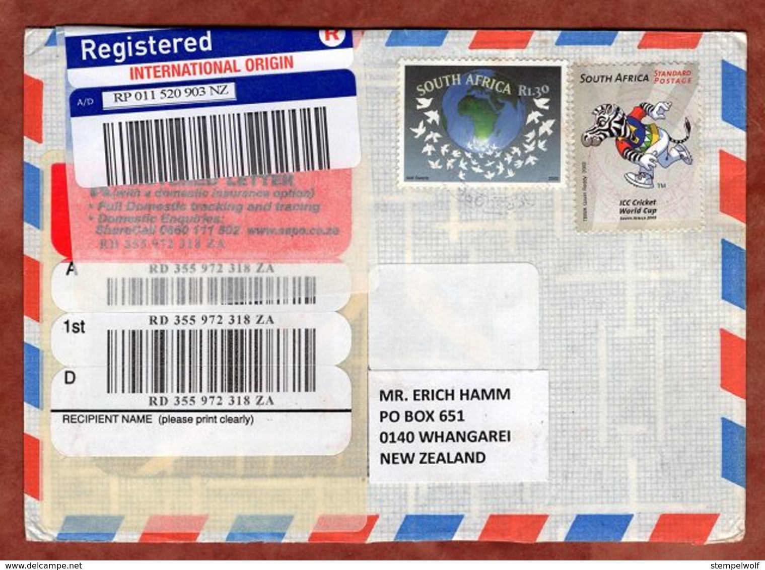 Luftpost, Einschreiben Reco, Kricket-WM U.a., Villiersdorp Nach Whangarei Ca. 2010 (77659) - Covers & Documents