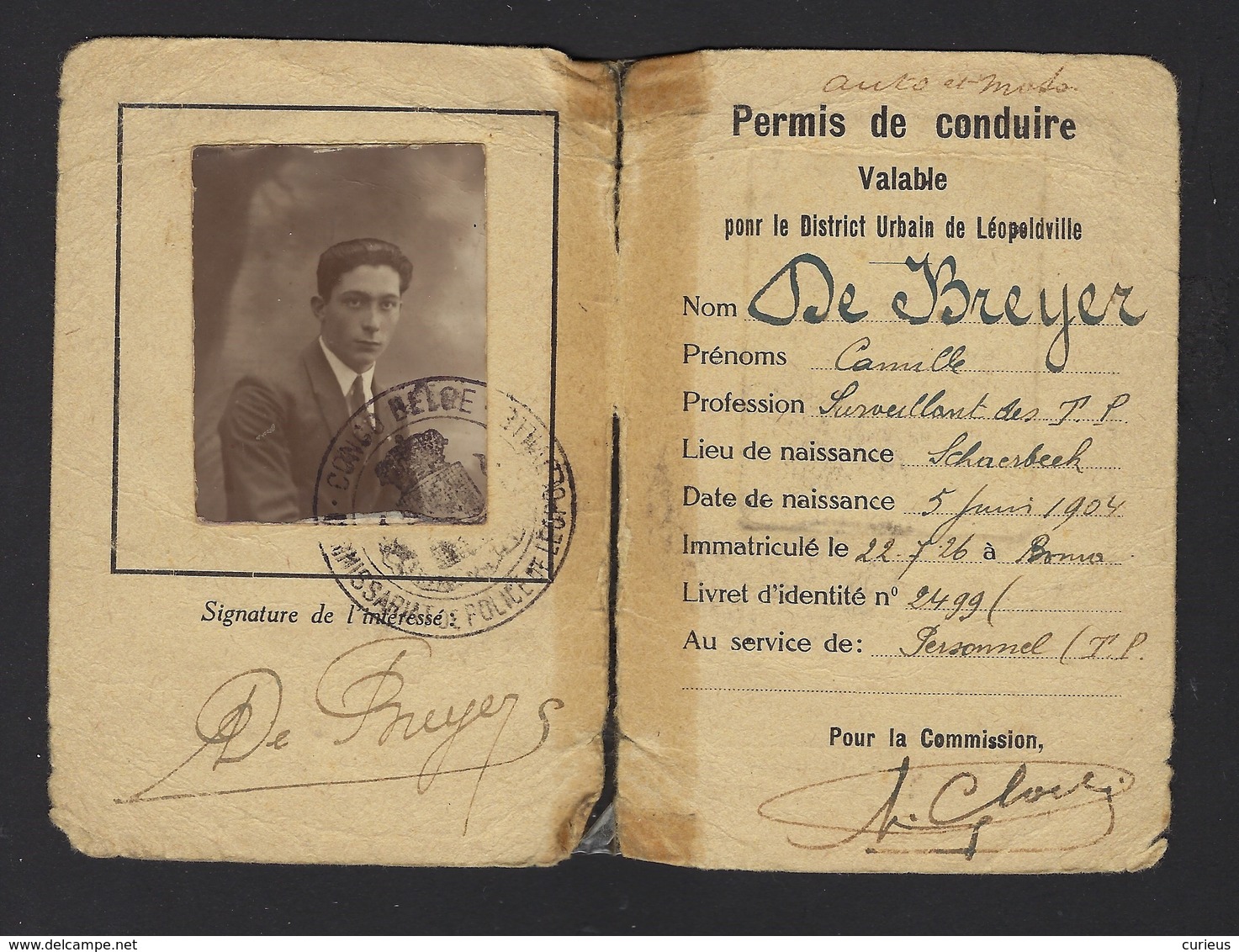 PERMIS DE CONDUIRE LEOPOLDVILLE * CONGO BELGE * BELGISCH CONGO * 1926 * BOMA * VOIR SCANS - Documents Historiques