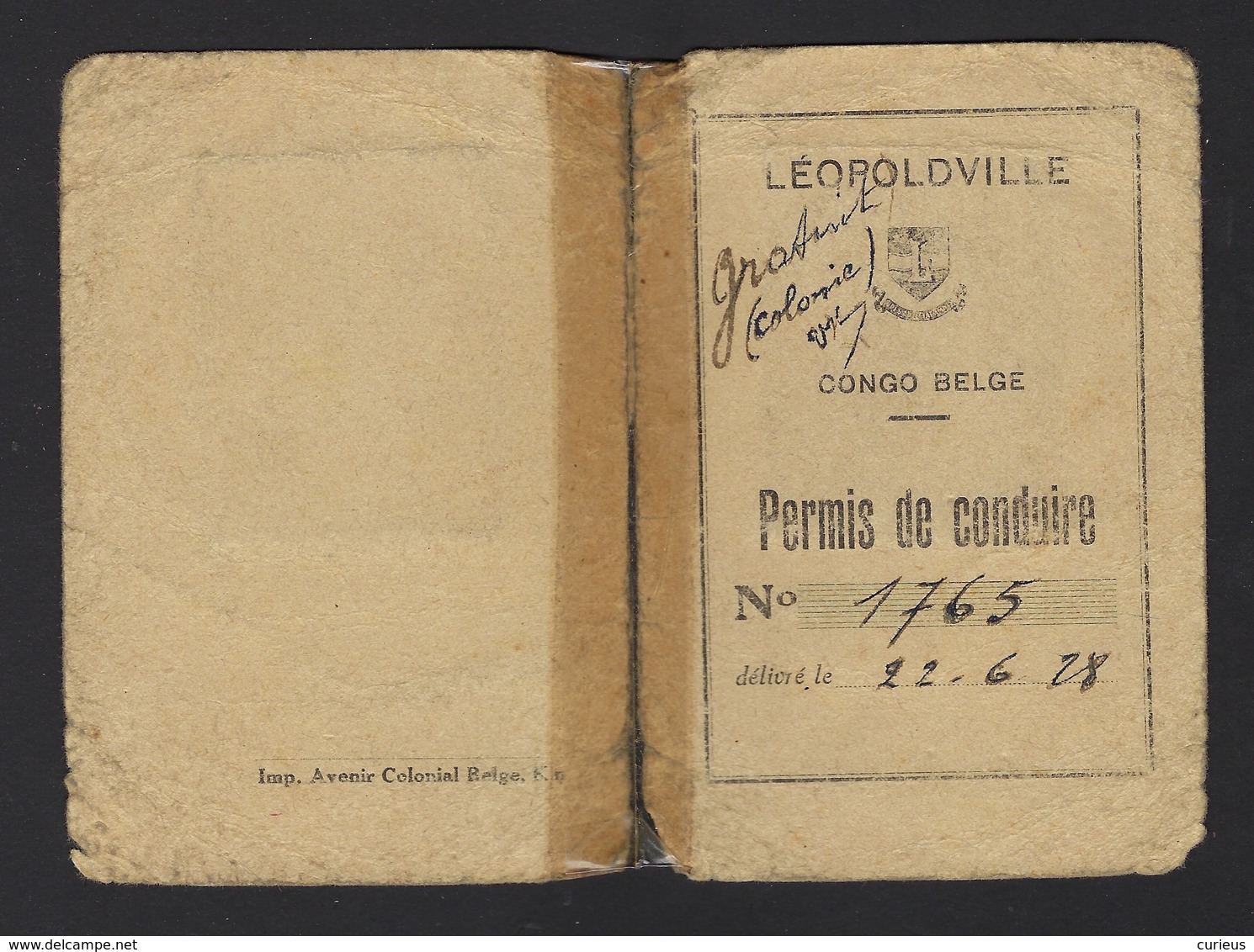 PERMIS DE CONDUIRE LEOPOLDVILLE * CONGO BELGE * BELGISCH CONGO * 1926 * BOMA * VOIR SCANS - Documents Historiques