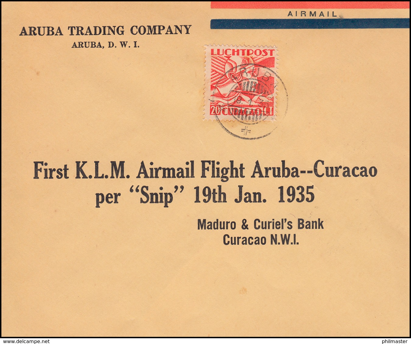 KLM-Erstflug Aruba-Curacao Mit Flugzeug SNIP Schmuckbrief ARUBA 19.1.1935 - Posta Aerea