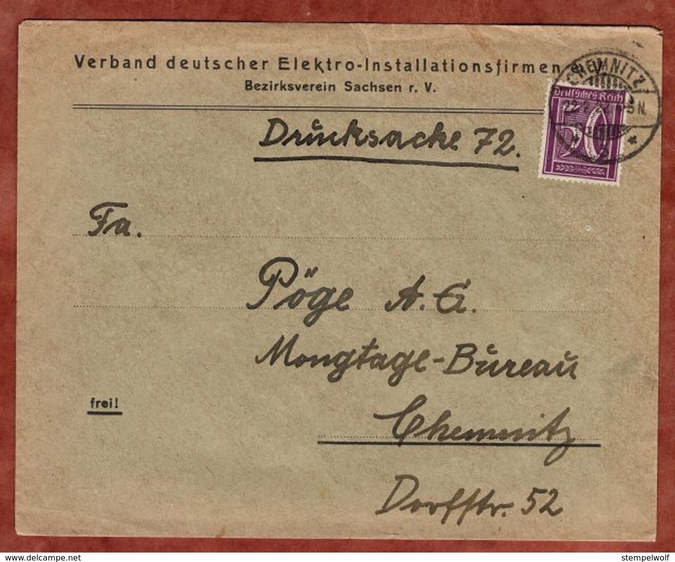 Drucksache, Verband Elektro-Installationsfirmen, Ziffer, Chemnitz 1922 (77675) - Briefe U. Dokumente