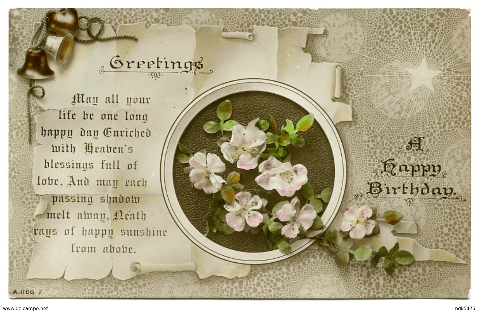 GREETINGS : A HAPPY BIRTHDAY - FLOWERS / SCROLL / BELLS / ADDRESS - CARDIFF, GRANGETOWN, FORREST STREET (EVANS) - Birthday