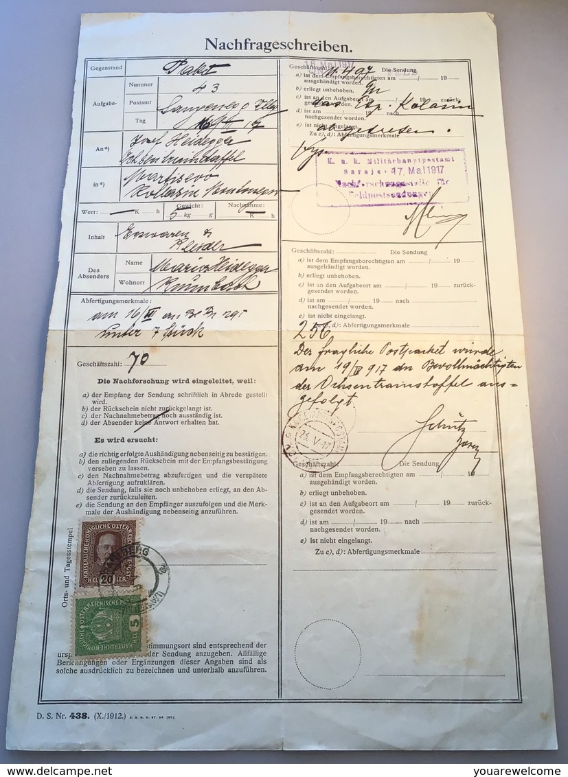 1917 Postformular NACHFRAGESCHREIBEN > Feldpost Kolacin Montenegro & Sarajevo Bosnien (LANGENEGG BRIEF ÖSTERREICH BOSNIA - Briefe U. Dokumente