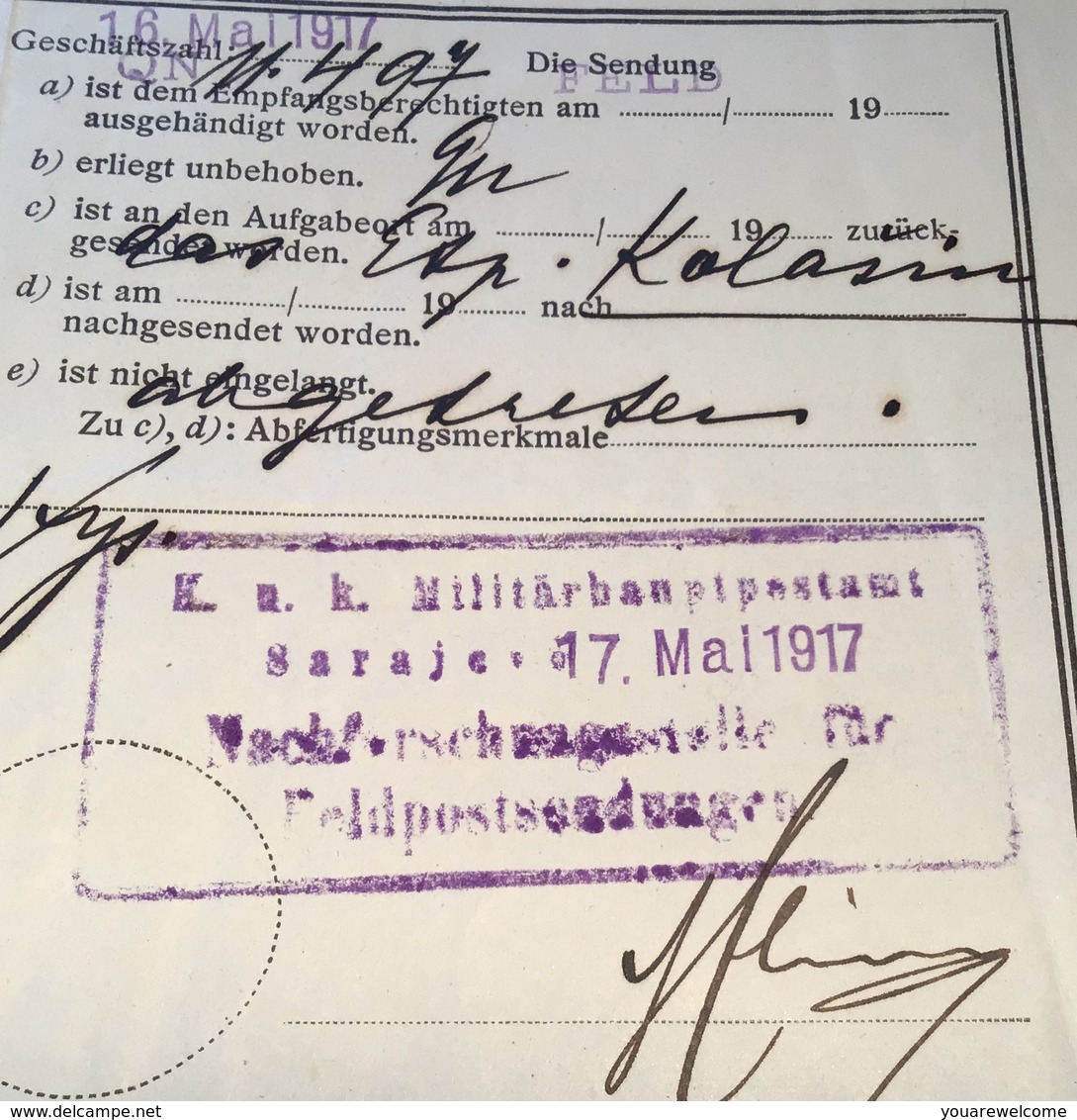 1917 Postformular NACHFRAGESCHREIBEN > Feldpost Kolacin Montenegro & Sarajevo Bosnien (LANGENEGG BRIEF ÖSTERREICH BOSNIA - Briefe U. Dokumente