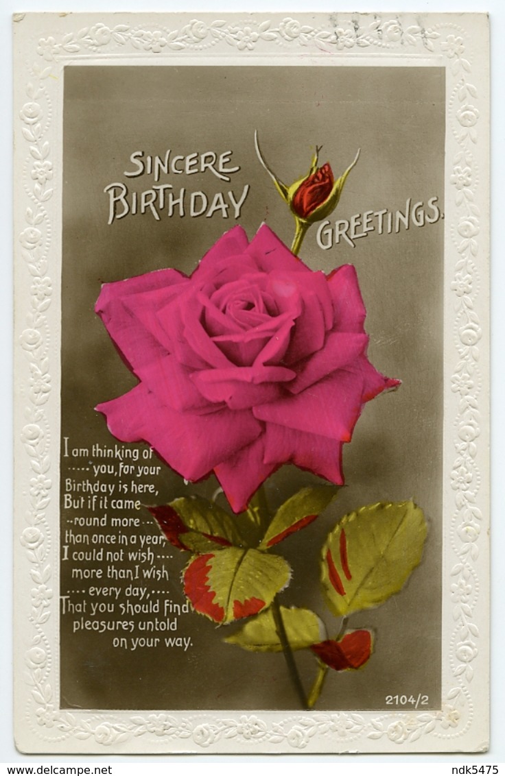 SINCERE BIRTHDAY GREETINGS / RED ROSE (EMBOSSED) / ADDRESS - HADDENHAM, TOWNSEND, AYLESBURY - Birthday