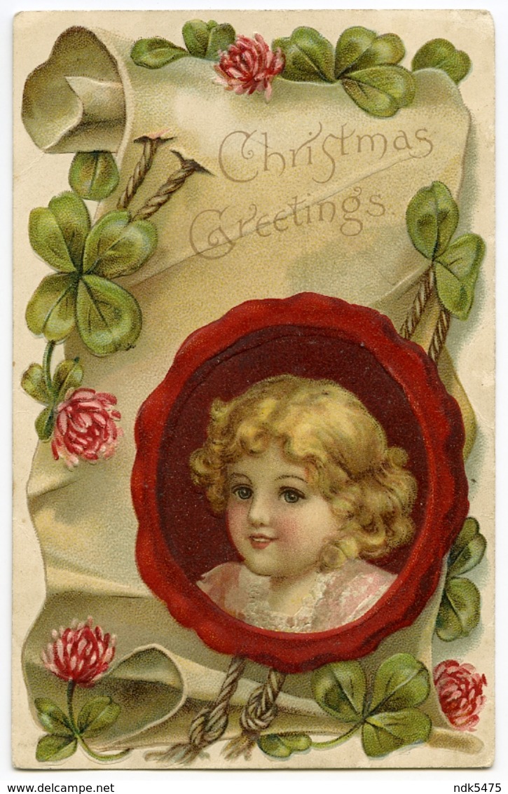 CHRISTMAS GREETINGS : LITHOGRAPH - PRETTY GIRL / SCROLL / EMBOSSED - Other & Unclassified