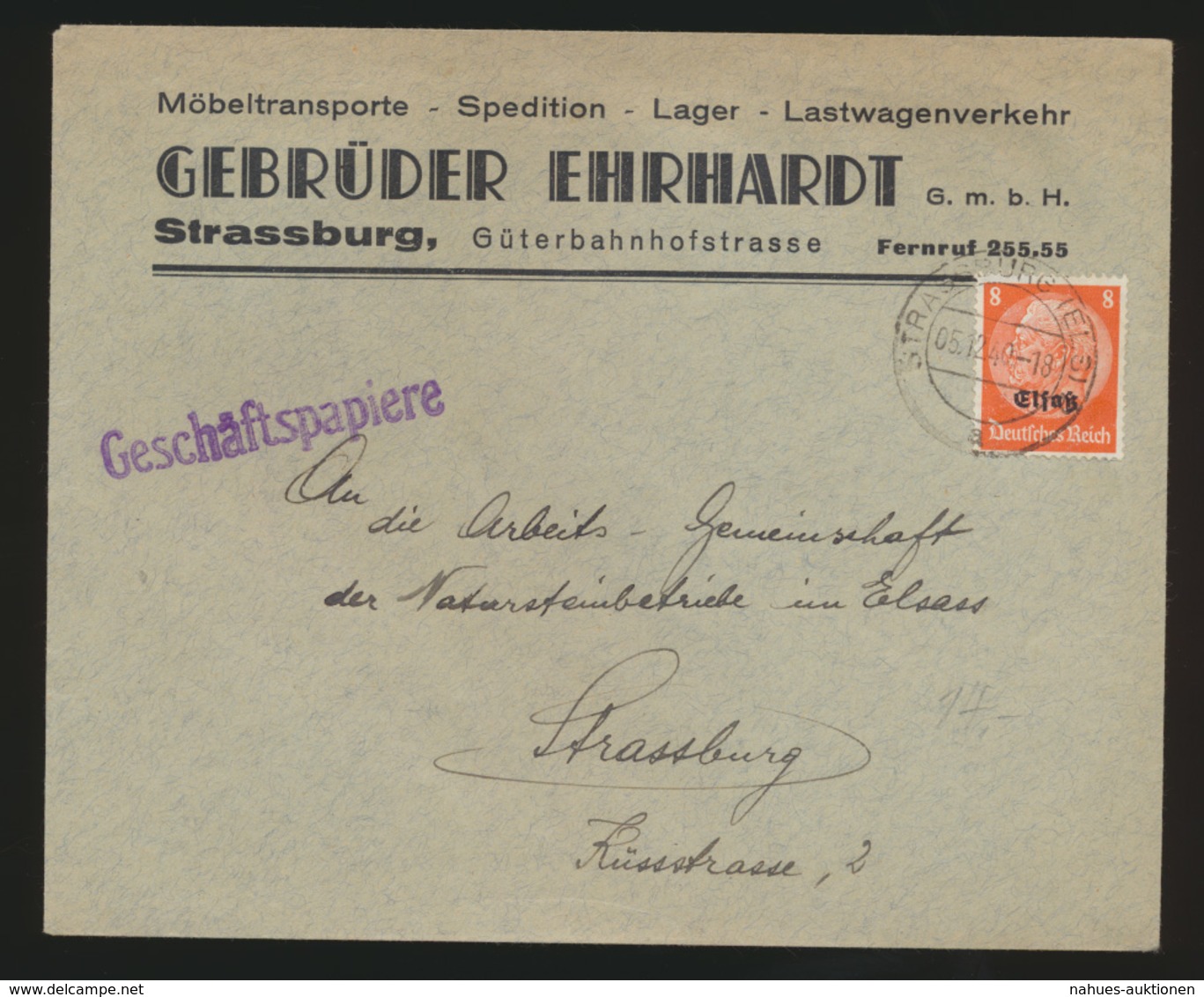 Deutsche Besetzung Elsaß Brief EF Hindenburg Geschäftspapiere Gebr. Ehrhardt - Besetzungen 1938-45