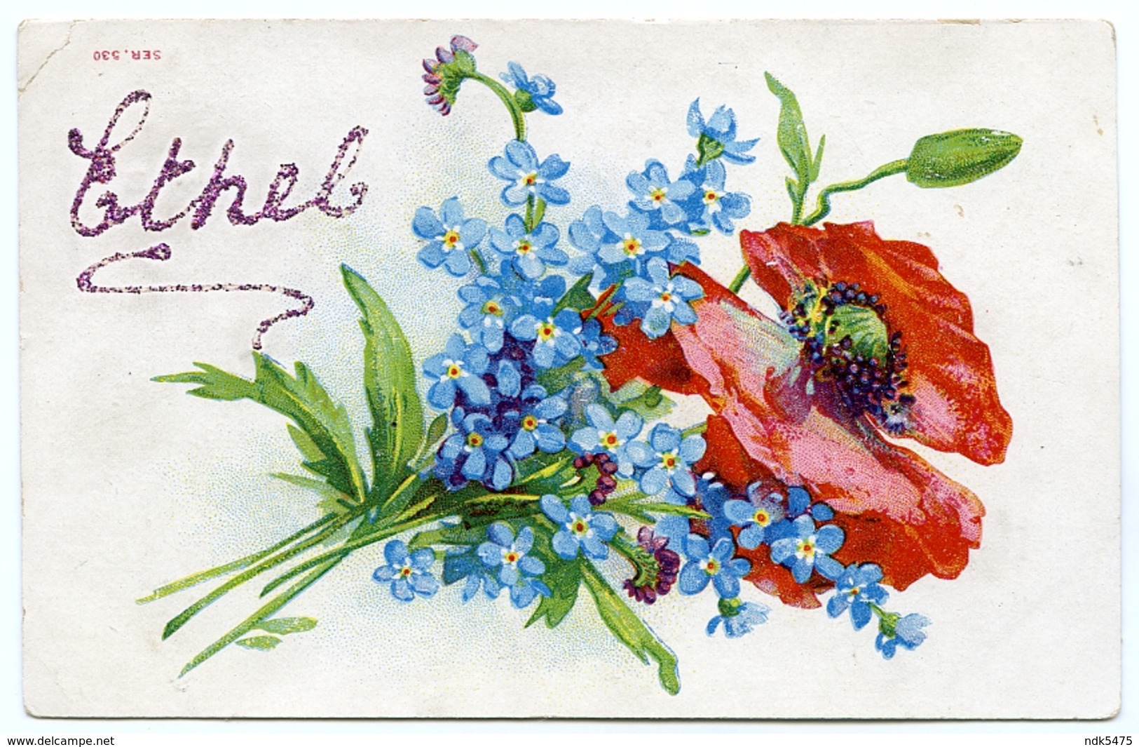 NAMED CARD : ETHEL - GLITTER / POSY OF BLUE FLOWERS / POSTMARK - HULL / ADDRESS - NORWOOD STREET - Other & Unclassified