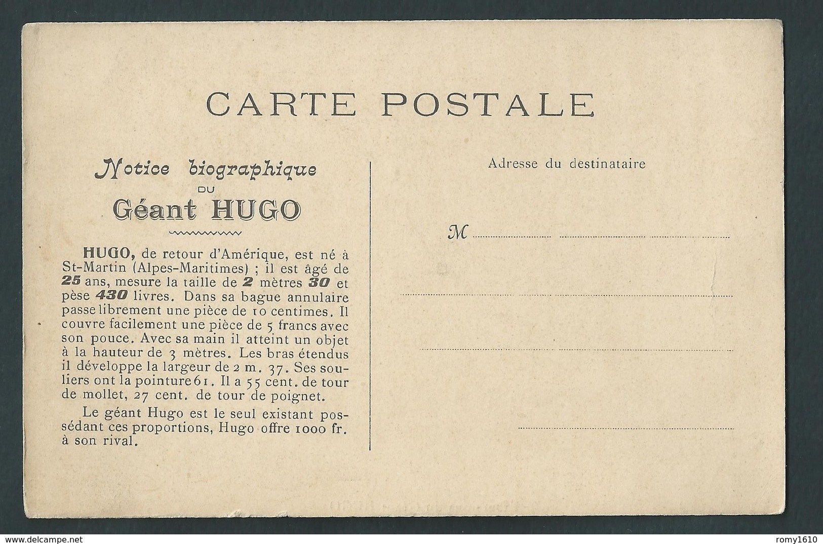 Célébrité.  Le Géant Hugo, Plus Grand Homme Du Monde 2m30. Excursion  Automobile.  Phénomène Foire Cirque. Recto/verso. - Personnages