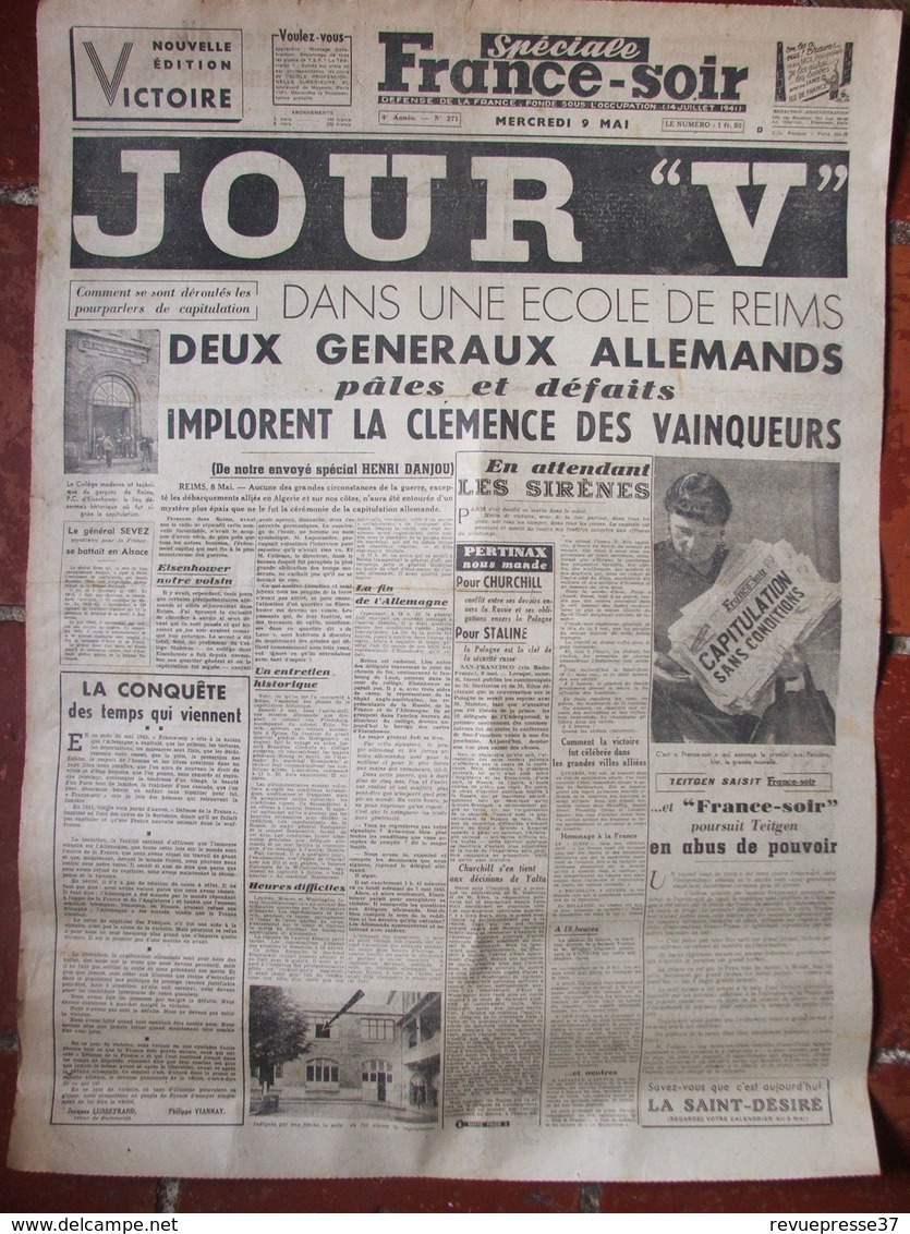 Journal France Soir (9 Mai 1945) Jour "V"  Capitulation De L'Allemagne - - Autres & Non Classés