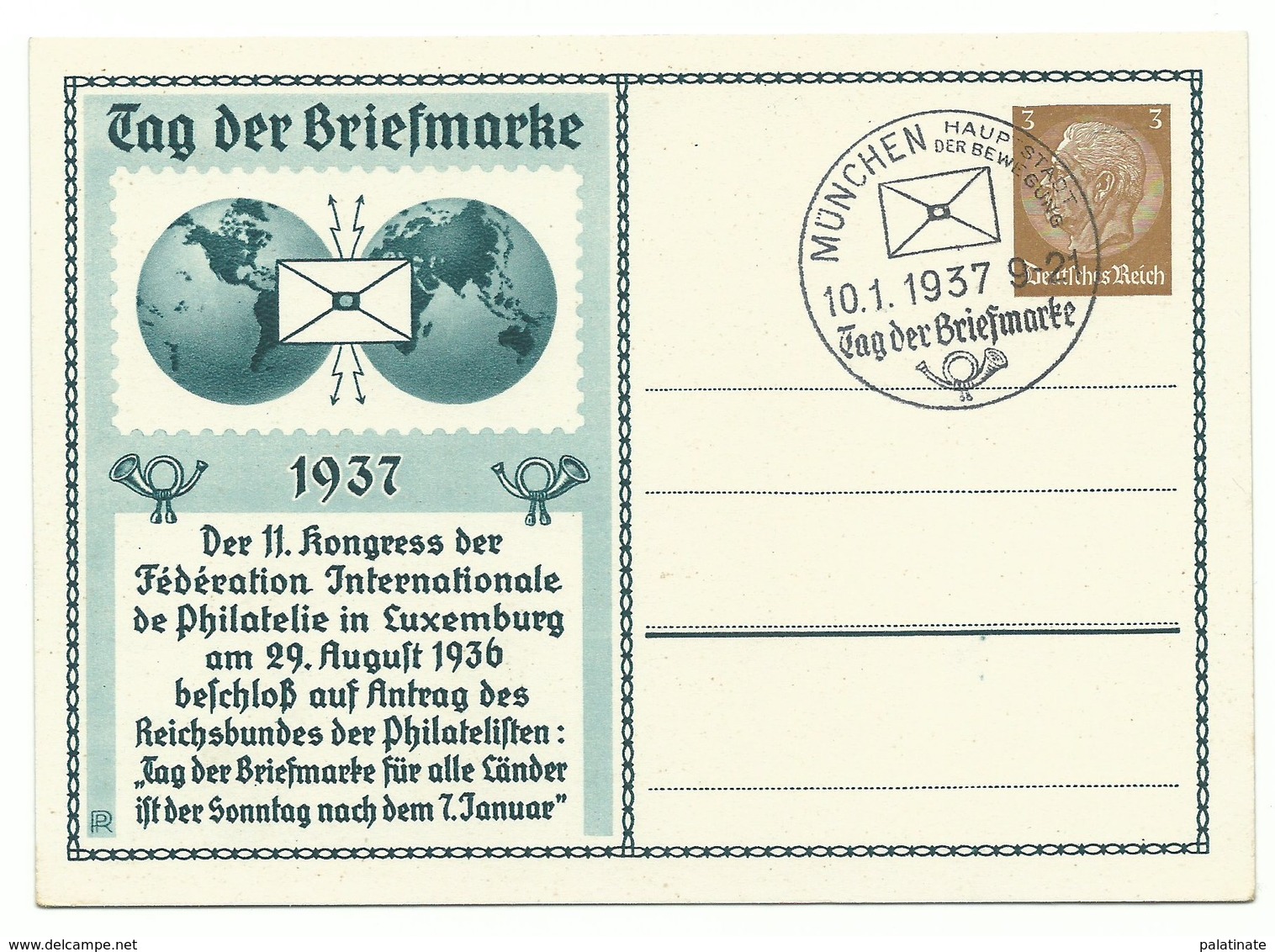 DR Privat-Ganzsache Tag Der Briefmarke 1937 Ungelaufen Sonderstempel MÜNCHEN - Sonstige & Ohne Zuordnung