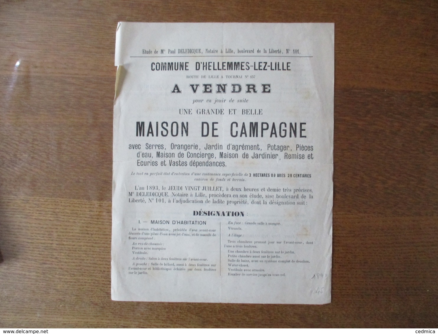 HELLEMMES-LEZ-LILLE LE 20 JUILLET 1893 VENTE D'UNE GRANDE ET BELLE MAISON DE CAMPAGNE ROUTE DE LILLE A TOURNAI N°157 AVE - Manifesti