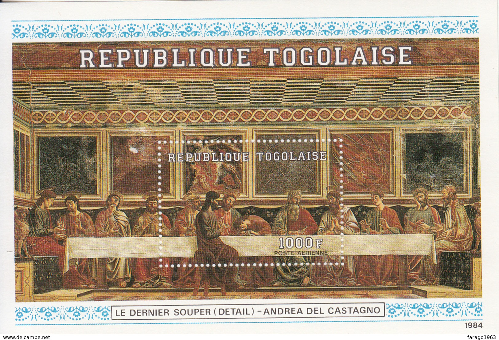 1984 1985 Togo Apostles Art Paintings The Last Supper Castagno Souvenir Sheet MNH - Togo (1960-...)