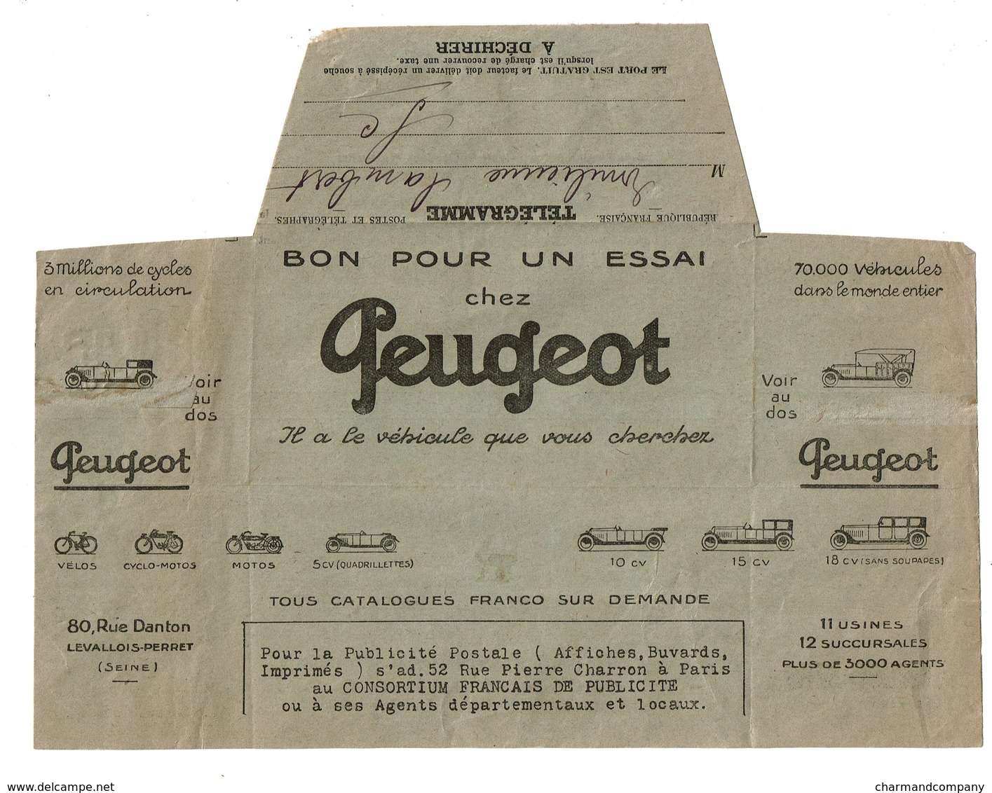 Télégramme Publicitaire 1924 - Bon Pour Un Essai Chez PEUGEOT - Savonneries LEVER Haubourdin-lez-Lille -  2 Scans - Telegraphie Und Telefon