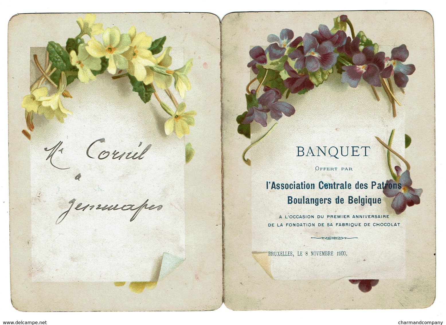 Menu Banquet 1900 - Ass. Centrale Des Patrons Boulangers De Belgique - 1er Anniversaire Fabrique De Chocolat -  2 Scans - Menus