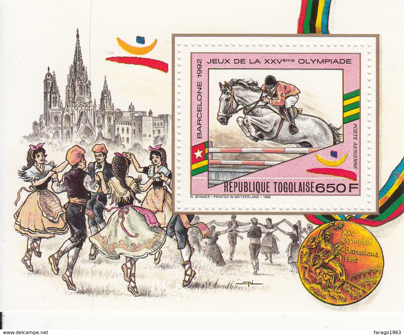 1989 Togo Olympics Barcelona Equestrian Horses  Souvenir Sheet MNH - Togo (1960-...)