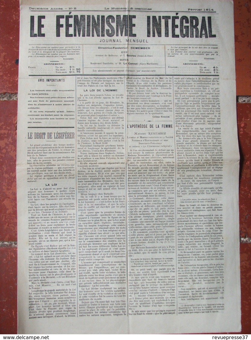 Journal Le Féminisme Intégral N°2 (fév 1914)  Le Droit De Légiférer - Apothéose De La Femme - - Autres & Non Classés