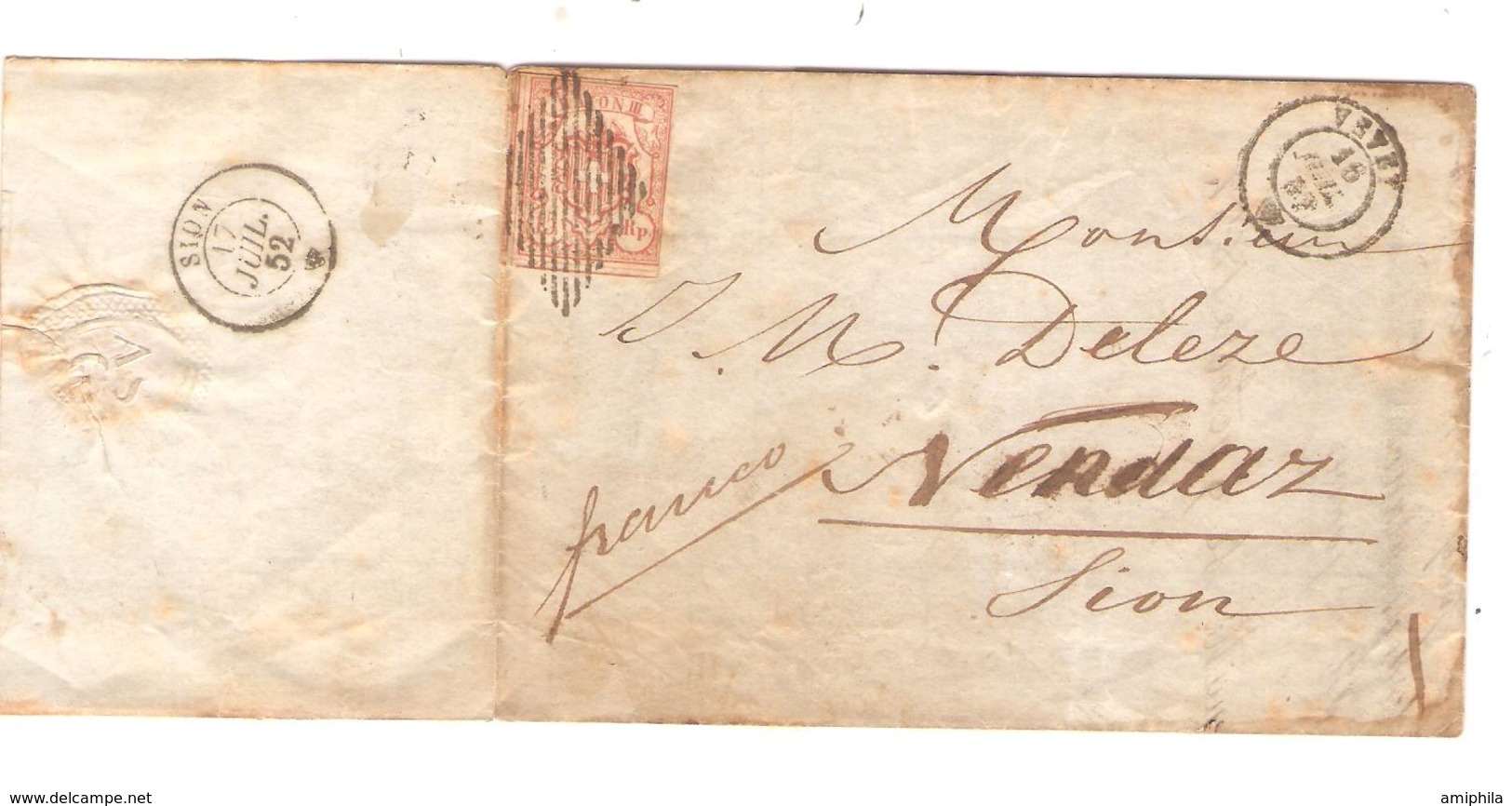 AMI8/ Suisse TP Rayon III 15 Rp S/LAC Denrées Coloniales Huiles&Tabacs C.Vevey 1852 > Sion C.d'arrivée - 1843-1852 Timbres Cantonaux Et  Fédéraux