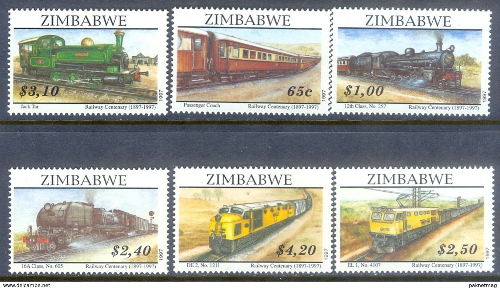 B147- Zimbabwe 1997 Railway Centenary. Locomotives. Train. Transport. - Trains