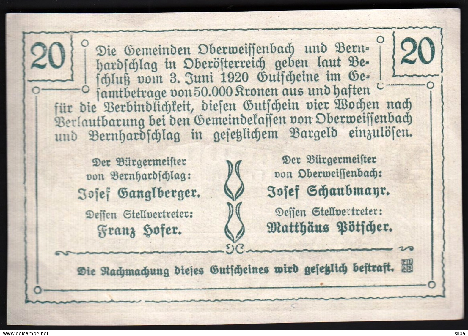 Austria Ober Weissenbach U. Bernhardschlag 1920 / 20 Heller / Gutschein / Kirche / Notgeld, Banknote - Austria