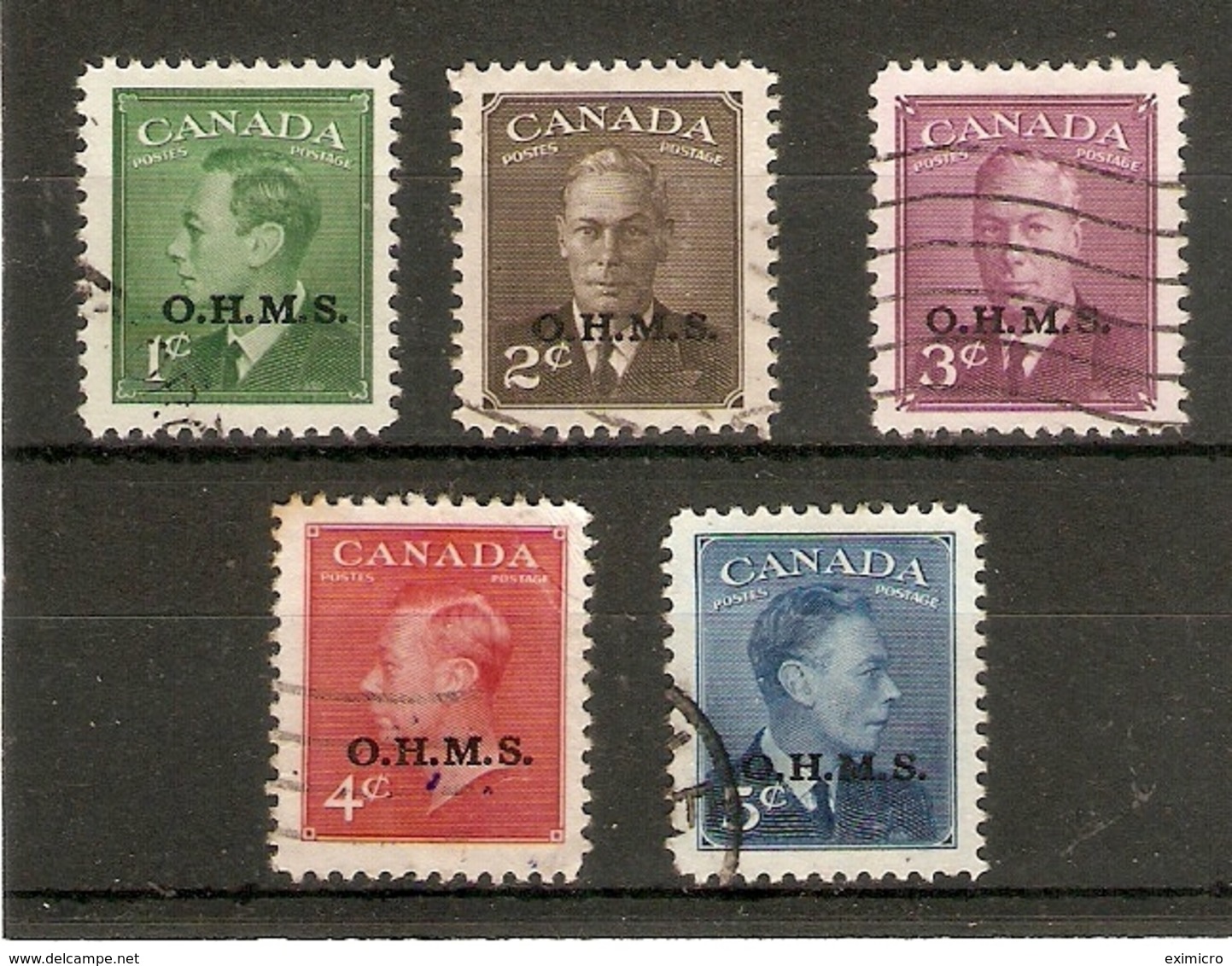 CANADA 1949  O.H.M.S. OFFICIALS SET TO 5c SG O172/O176 FINE USED Cat £19+ - Overprinted