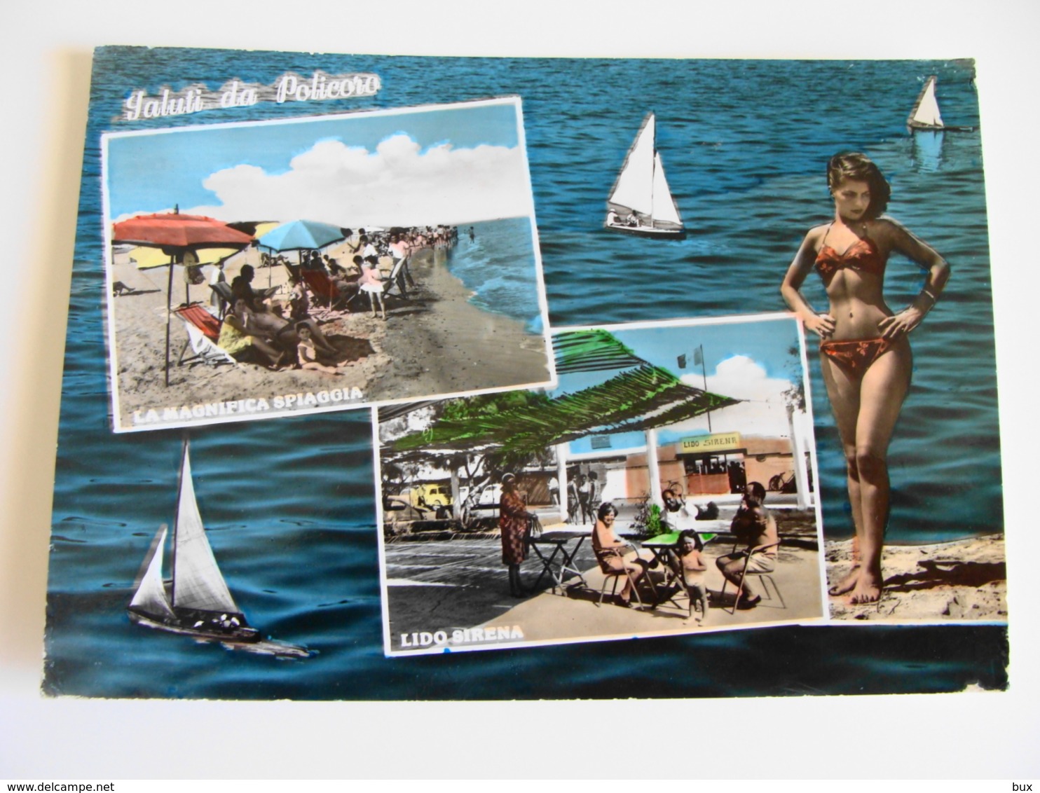 SALUTI  DA POLICORO  MATERA  -FEMME DONNA PIN UP COSTUME DA BAGNO BIKINI   VIAGGIATA  TRACCE DI INCOLLAGGO SUL RETRO ACQ - Mujeres