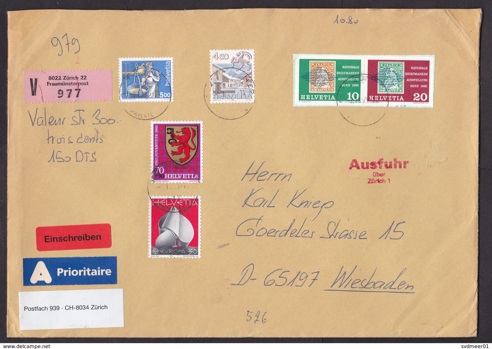 Switzerland: Insured Value Cover To Germany, 1995, 6 Stamps, Cut-out Stationery, Customs Label & Cancel (traces Of Use) - Brieven En Documenten