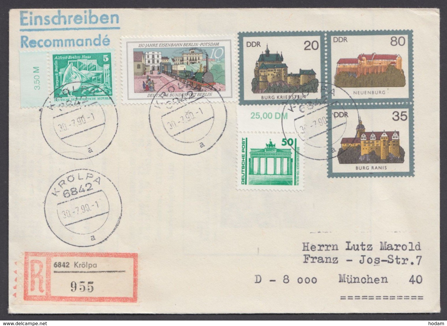 Mi- Nr. U1, R- Luftpost Mit Pass. Zusatzfr. "Krölpa", 30.7.90 - Enveloppes - Oblitérées