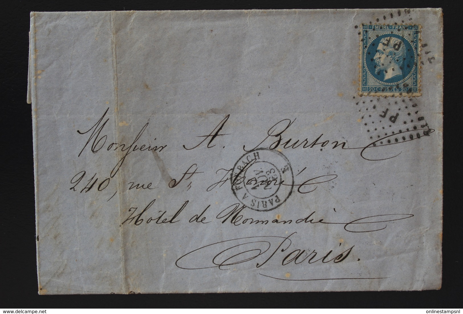 France Cover Yv 22 2x Losagne Cachet  FP Forbach A Paris 1863 Obliteration Ambulant - 1849-1876: Klassik