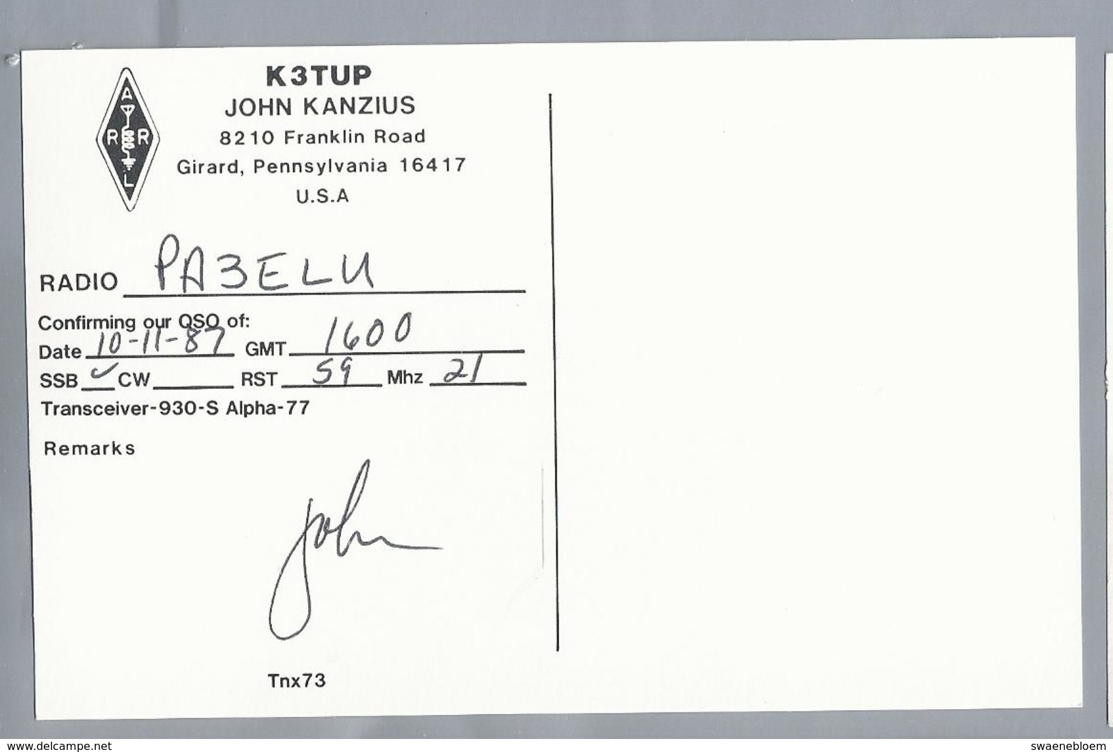 US.- QSL KAART. CARD. K3TUP. JOHN KANZIUS, GIRARD, PENNSYLVANIA. U.S.A.. ARRL. - Radio Amateur