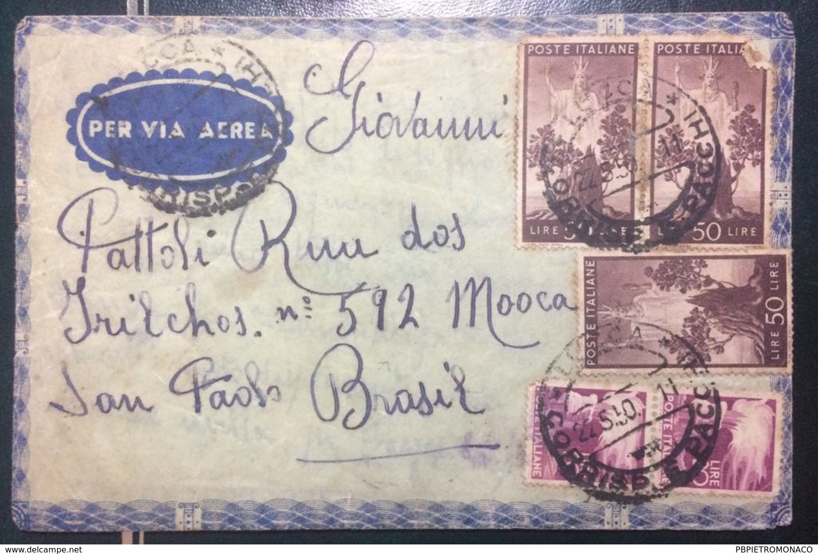 1950 DEMOCRATICA  - SU BUSTA VIAGGIATA DA LUCCA X SAN PAOLO DEL BRASILE - 1946-60: Storia Postale