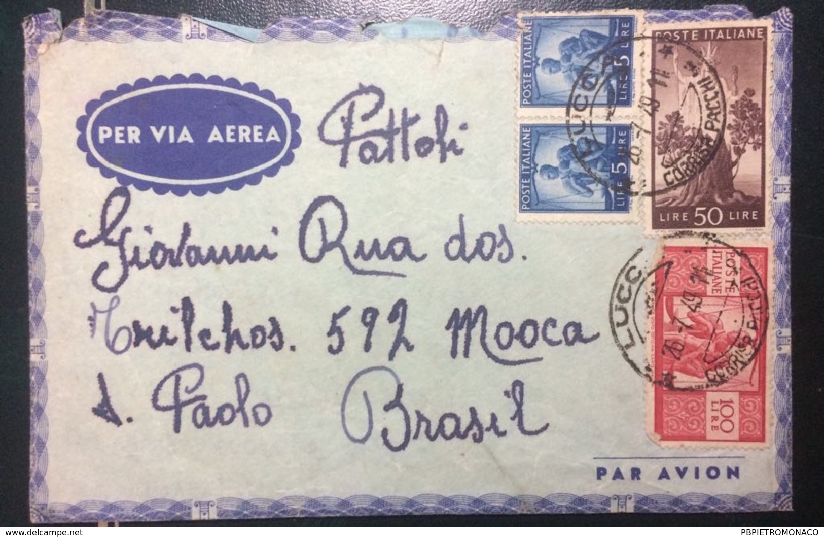 1949 DEMOCRATICA  - SU BUSTA VIAGGIATA DA LUCCA X SAN PAOLO DEL BRASILE - 1946-60: Marcophilie
