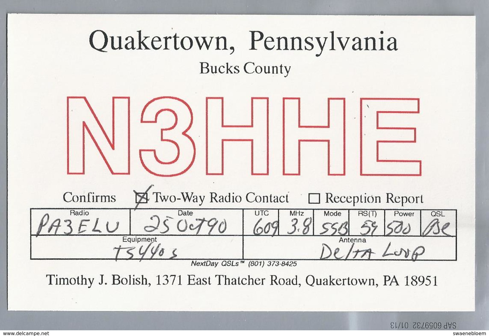 US.- QSL KAART. CARD. N3HHE. Timothy J. Polish, QUAKERTOWN, PENNSYLVANIA, BUCKS COUNTY. U.S.A.. - Radio-amateur