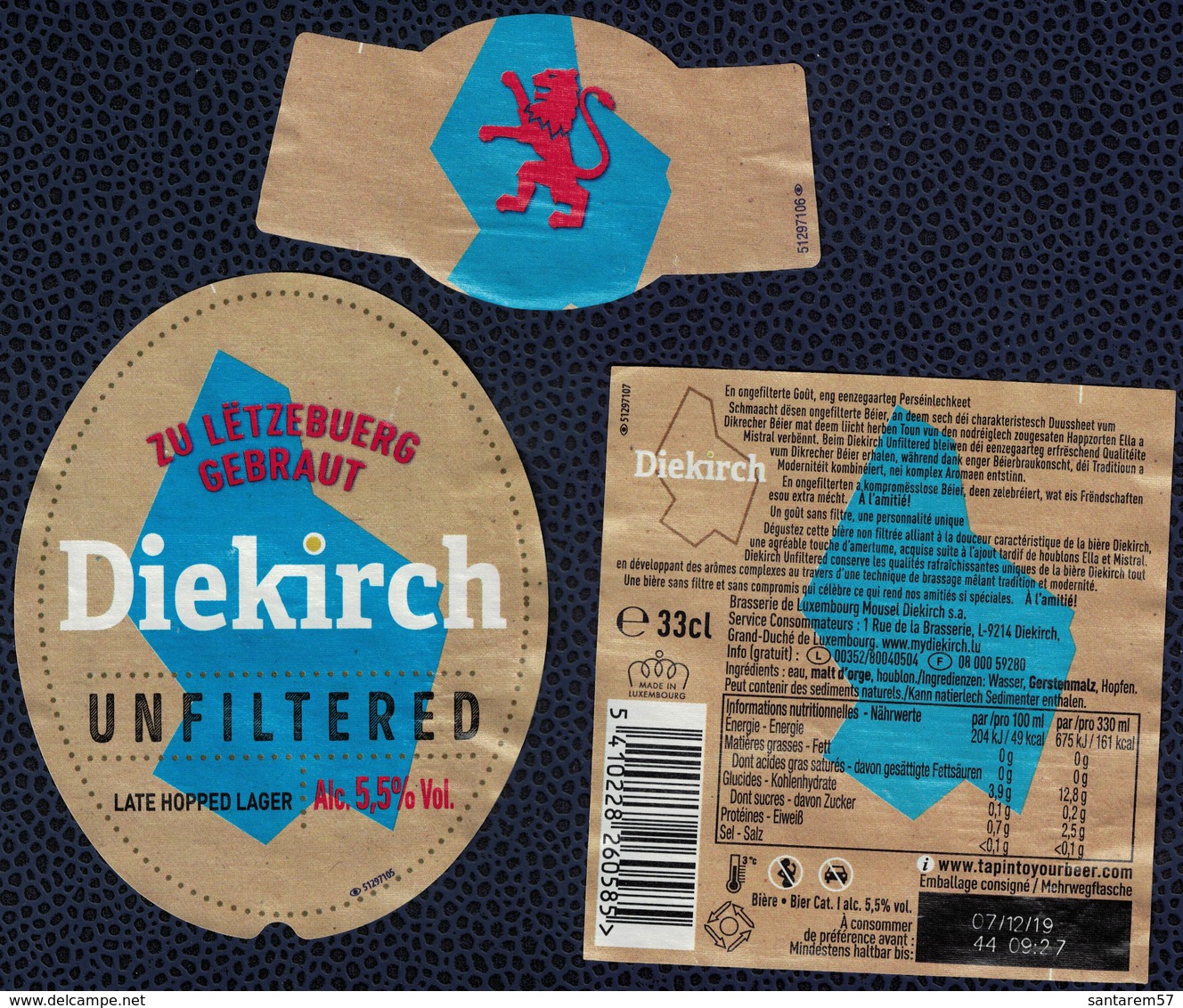 Luxembourg Lot 3 Étiquettes Bière Beer Labels Diekirch Unfiltered Late Hopped Lager - Bier