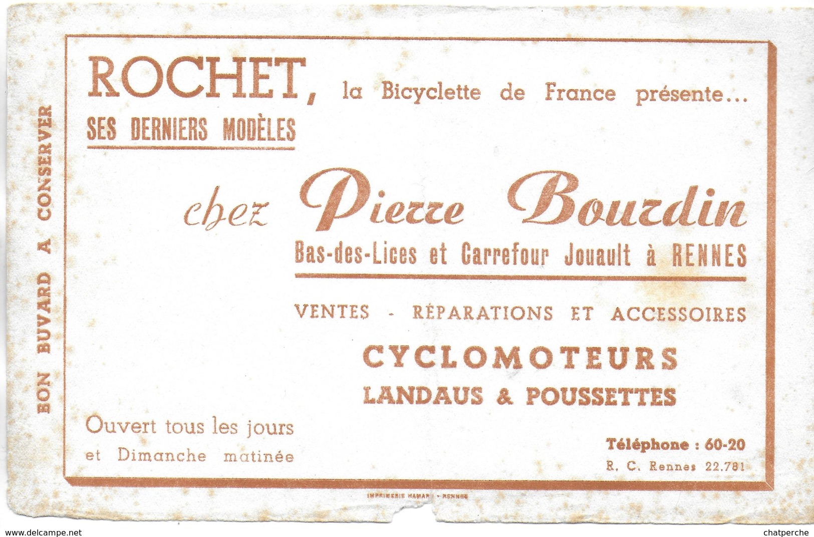 BUVARD BLOTTING PAPER BICYCLETTE DE FRANCE PIERRE BOURDIN RENNES 35 CYCLOMOTEUR - Moto & Vélo