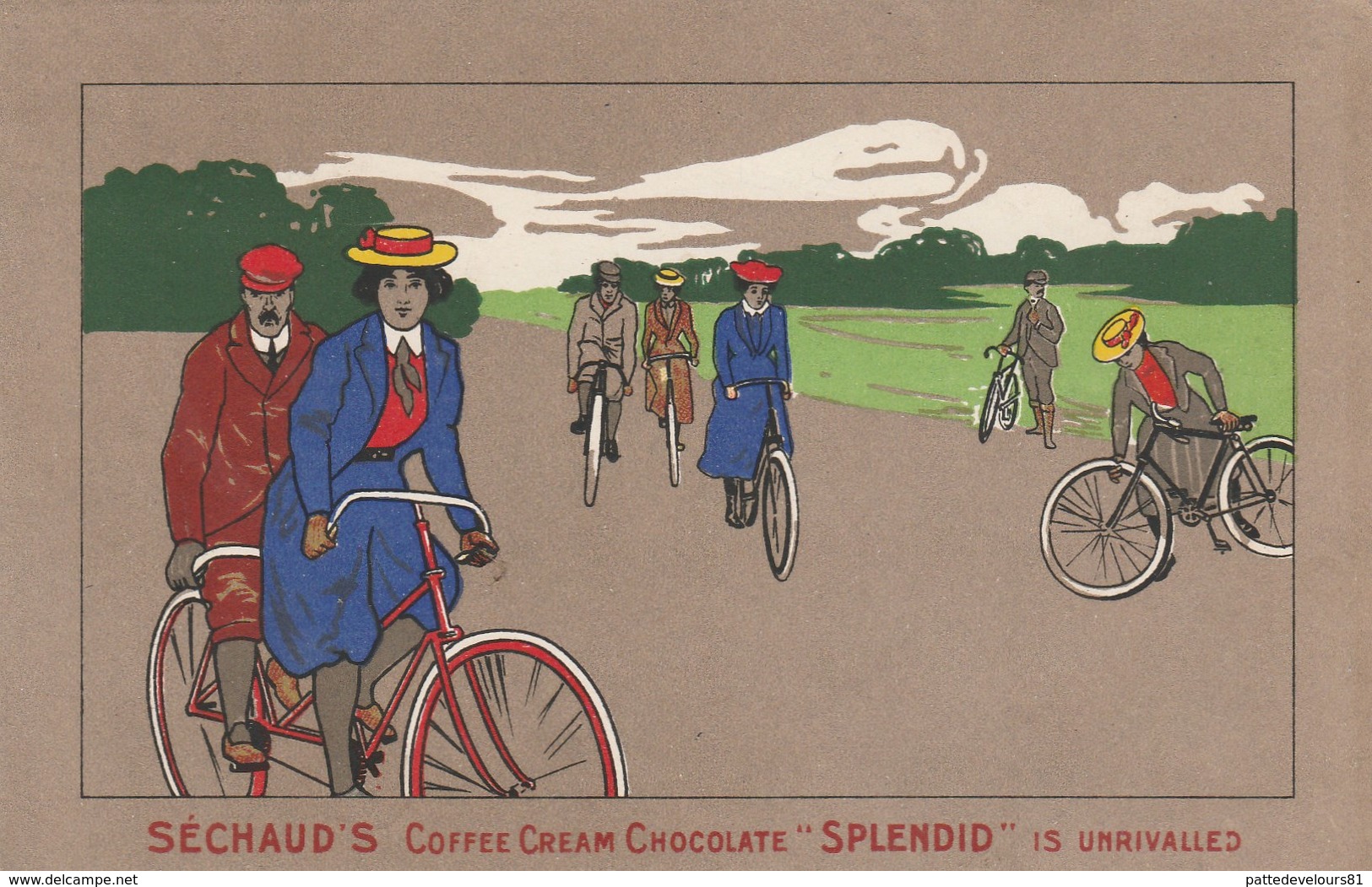 CPA Lithographiée Publicité SECHAUD'S Coffee SPLENDID Vélo Bicyclette Cycliste Cicling Radsport Illustrateur (2 Scans) - Radsport