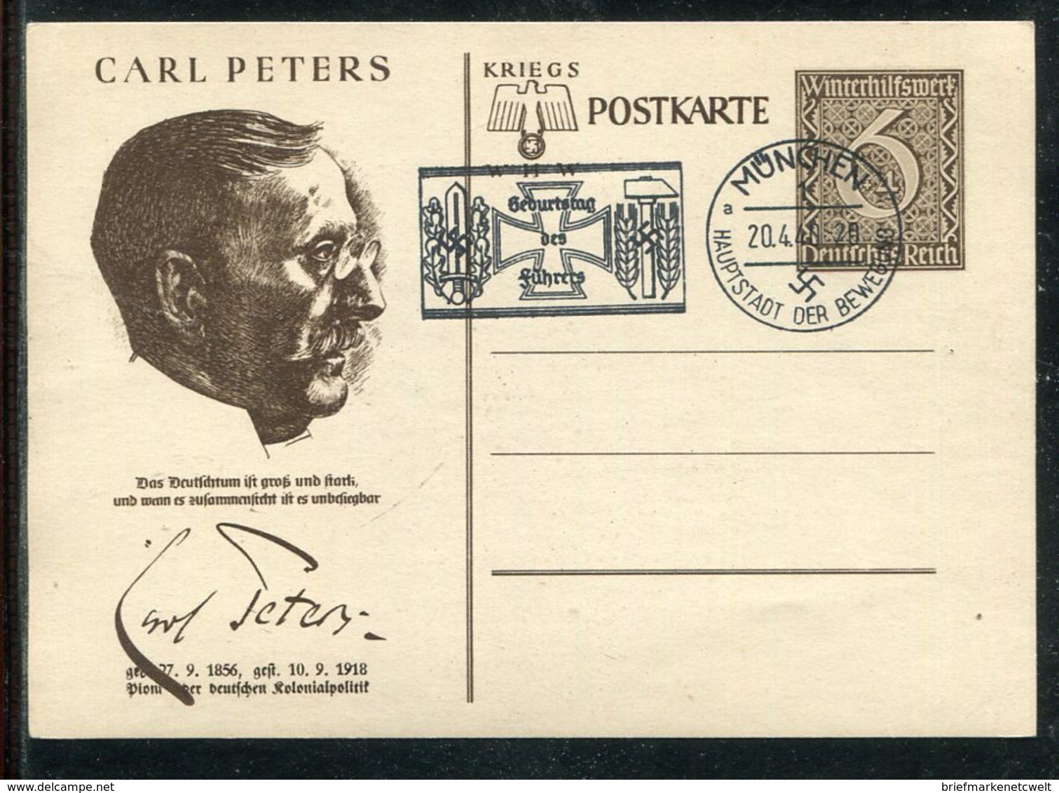 Deutsches Reich / 1939 / Postkarte "CARL PETERS" Mi. P 285/06 Masch.-Stempel Muenchen "Geburtstag Des Fuehrers" (23172) - Otros & Sin Clasificación