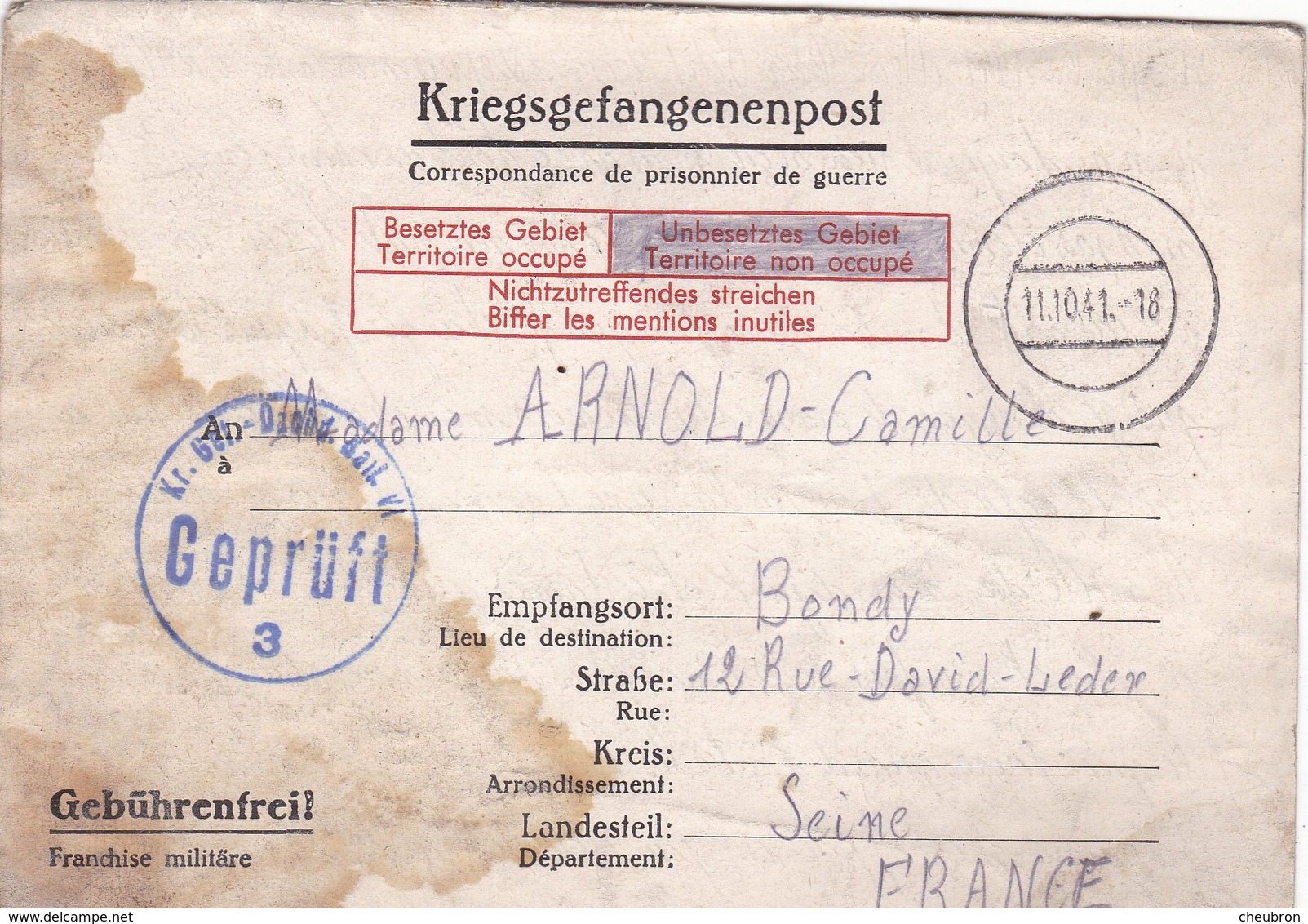 ALLEMAGNE. BONN. CORRESPONDANCE MILITAIRE. KRIEGSGEFANGENENPOST. STALAG VI G. TEXTE DU 21 SEPTEMBRE 1941 - 1939-45